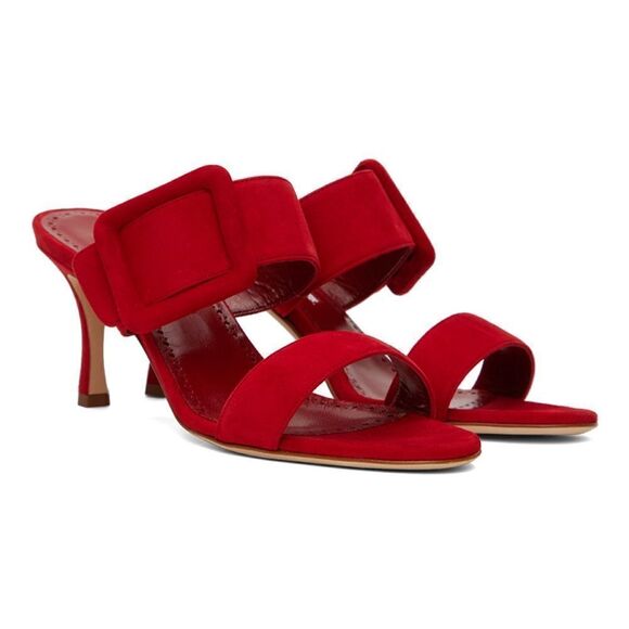 Manolo Blahnik Gable Suede Open Toe Buckle Mules in Dred Size 36 MSRP $845 - Picture 1 of 9